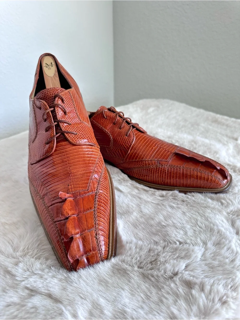 Belvedere Genuine Crocodile & Caiman Lizard Skin Oxford Dress Shoes sz 13 Orange